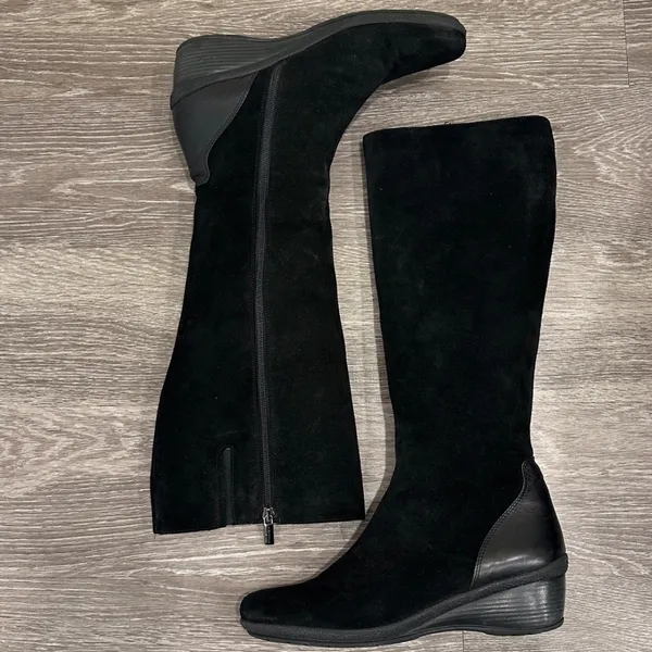 Aquatalia by Marvin K Minnow Black Suede Tall Riding Wedge Boots Square Toe 10 - Image 7