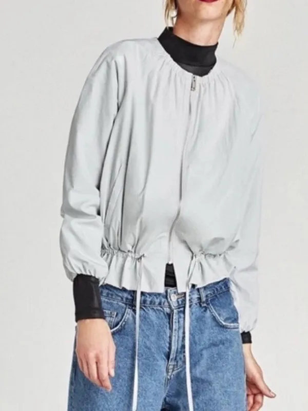 Zara Light Gray drawstring tie front peplum  Bomber windbreaker Jacket - Image 2