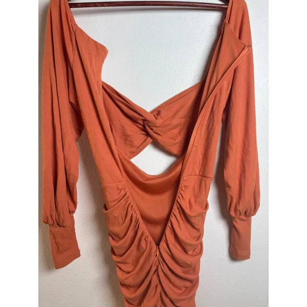 Hello Molly Dress Small Long Sleeve Cutout Ruched Mini Burnt Orange Ribbed Twist - Image 8