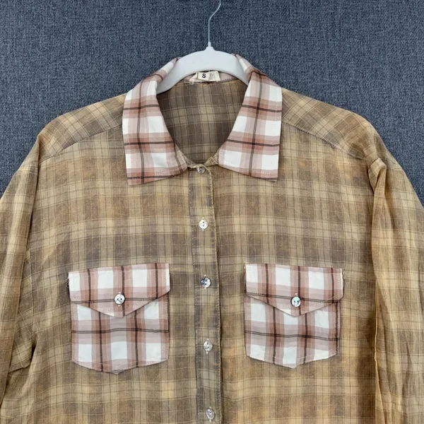 POL Plaid Button Front Shirt Contrast Collar Double Pocket Boho Size Small - Image 3