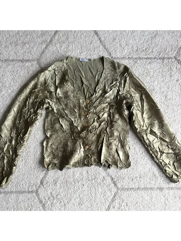 Jolie Mine Paris Olive Green Crinkle Blouse Button Front Long Sleeve Artsy - Image 2