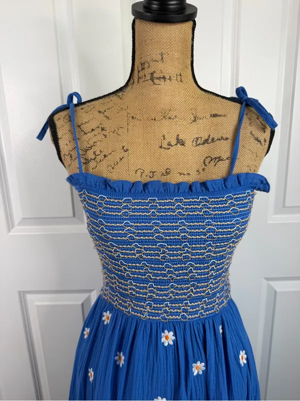 Boutique Sz S Blue Daisy Smocked Tie Strap Tiered Maxi Dress Cottagecore - Image 3