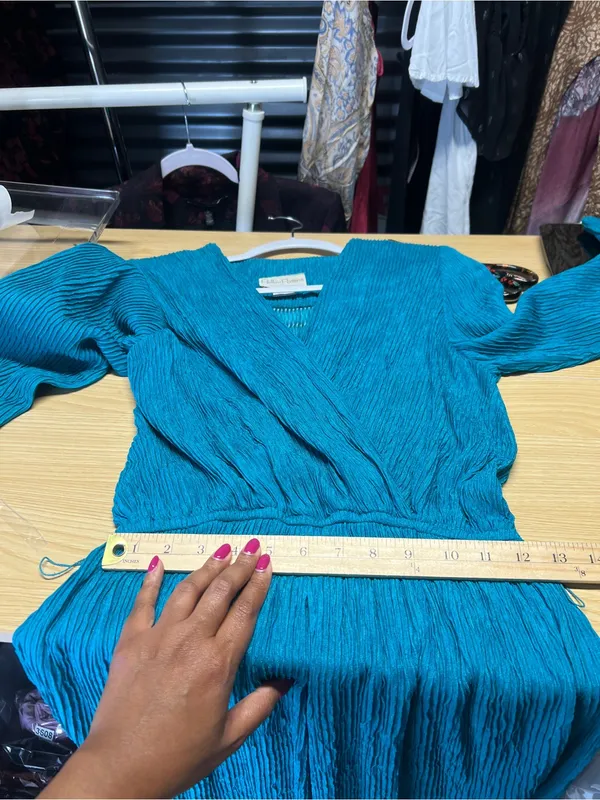 Vintage Pellini Petites Teal Crinkle Belted‎ Dress 3/4 Petite - Image 15