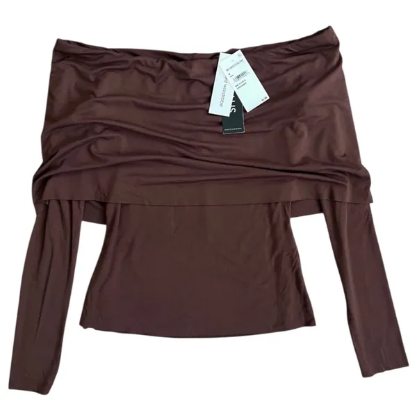 NWT Naked Wardrobe Off the Shoulder Brown Smooth Long Sleeve Blouse Top Shirt XL - Image 2