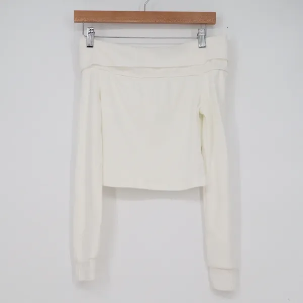 White Ribbed Off the Shoulder Long Sleeve Cropped Top Small Bardot Knit - Image 4
