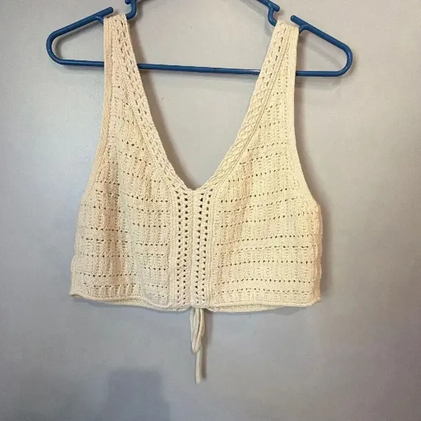 American Eagle Cropped Lace-Up Knit Tank Top Crochet Cream XL Coquette #1100 - Image 6