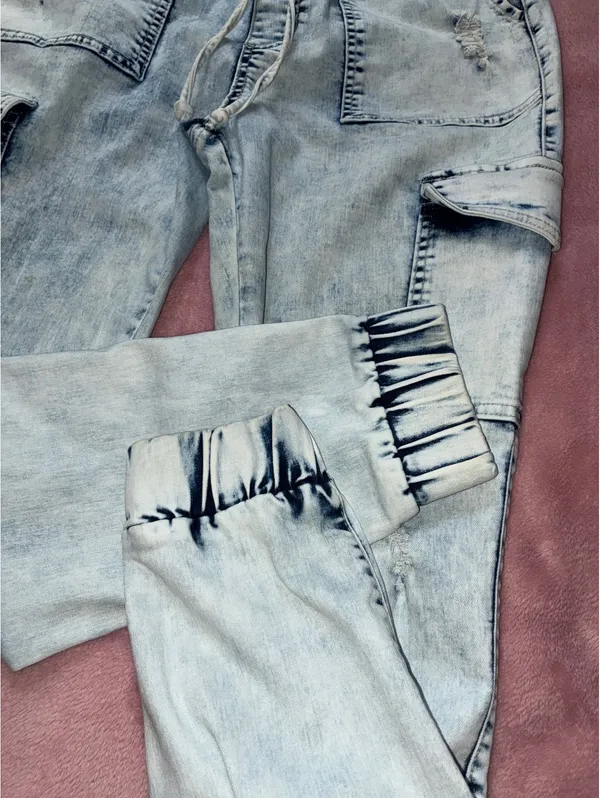 Light Acid Wash Distressed Denim Cargo Joggers Size L - Image 3