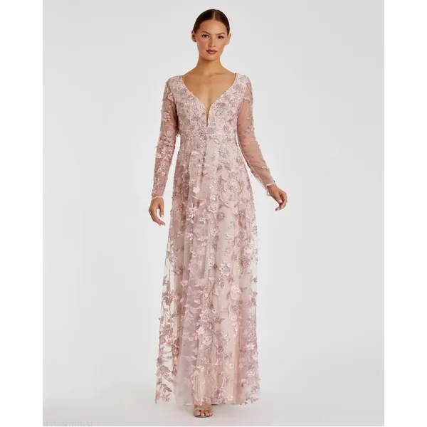 NWT Mac Duggal‎ 70224 Pink Floral Applique Long Sleeve Illusion Gown Size 10 - Image 3