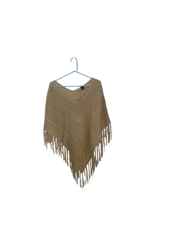 Vintage The Original Arizona Jean Co. Boho Crochet Knit Fringe Poncho Tan Fall - Image 4