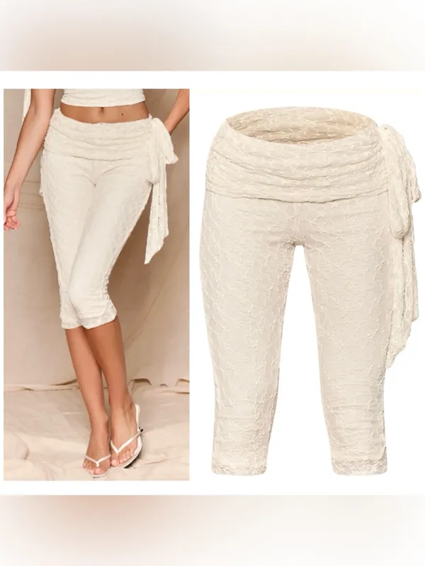 PrettyLittleThing Cream Lace Tie Knot Capri Pants Size 12 Large NWT Stretch - Image 2