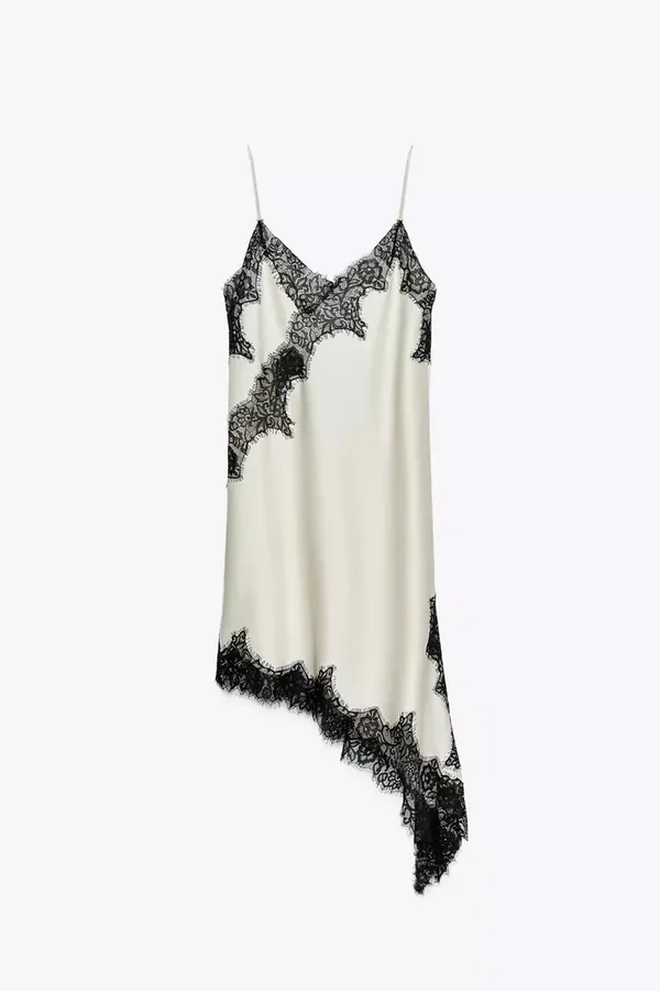 Zara Satin Lace-Trim Slip Dress - Lingerie White with Black Lace - Image 14