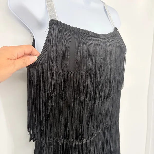 Black Flapper Fringe Dress Sz S Silver straps Party Gatsby Roaring 20s Tiered - Image 3
