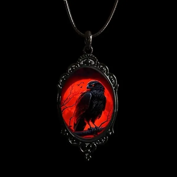 Gothic‎ Crow Red Moon Cameo Style Black Necklace Pendent - Image 4