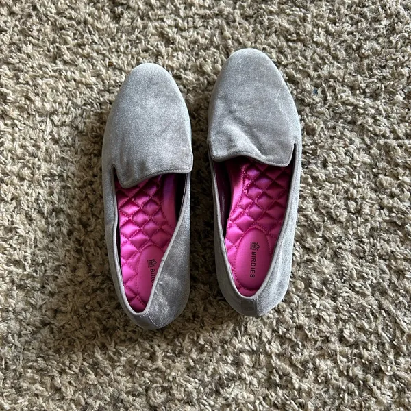 Birdies Gray Velvet Loafers with Pink Quilted Insole - Image 7