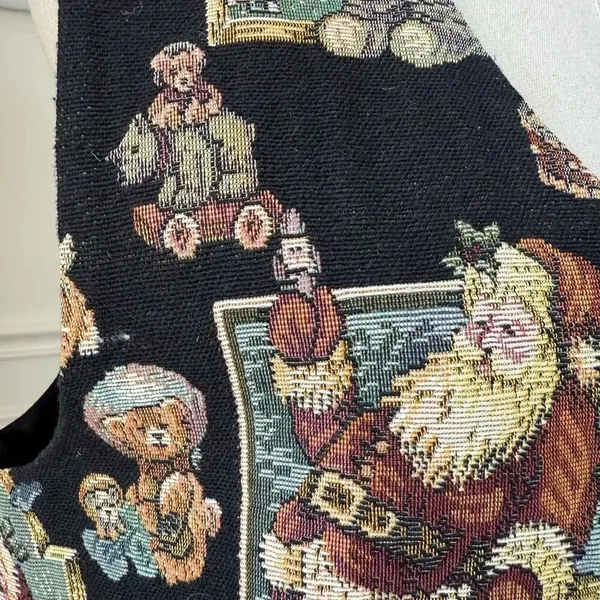 Vintage 90s Cleo Santa Christmas Teddy Bear Dog Cat Tapestry Vest L - Image 4