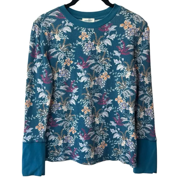 Sundance Blue Pink Floral‎ Long Sleeve Waffle Knit Thermal Top Feminine XS - Image 2