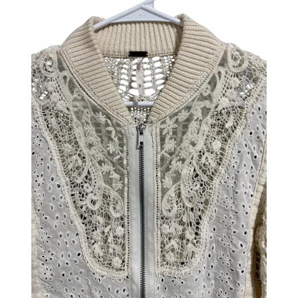 Free People‎ Sun Storm Bomber Jacket Ivory Women's Size Small - Image 3