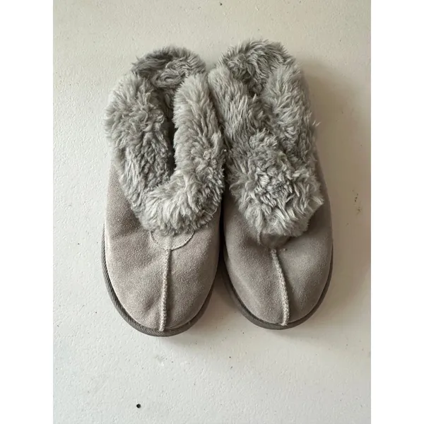 Sox-Tab Women's Gray Fluffy Faux Shearling Genuine Suede Slippers Clogs 9 - Image 2