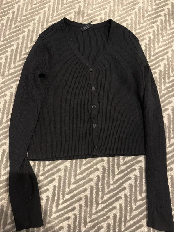 Brandy Melville Black Ribbed V-Neck Button-Front Cardigan - Image 3