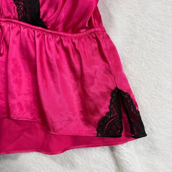 Victoria's Secret M Pink Black Lace Trim Satin Romper Sleep Teddy Lingerie Glam - Image 3