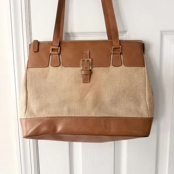 Etienne Aigner Vintage Woven Linen Tan Leather Trim Shoulder Tote Satchel Buckle - Image 2