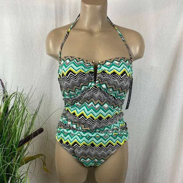 La Blanca Black & Green Print 1 Piece Bathing Swim Suit NEW 10 - Image 2