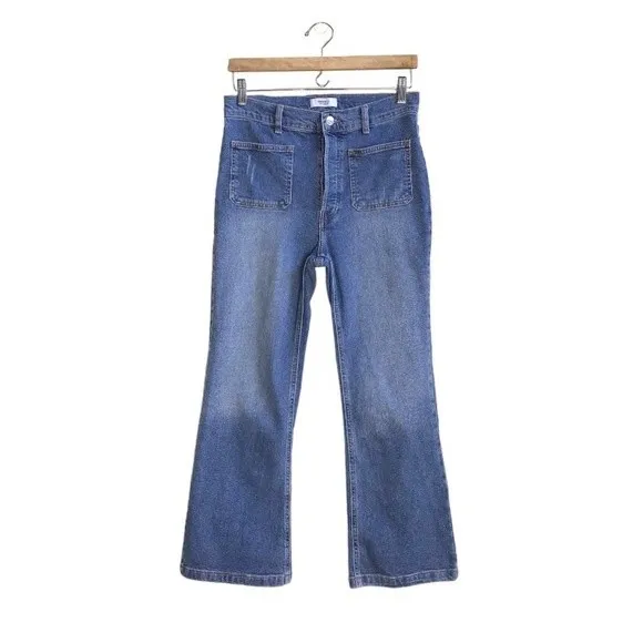 Forever 21 High Rise Patch Pocket Wide Leg Flare Jeans Medium Blue Denim Wash 28 - Image 2