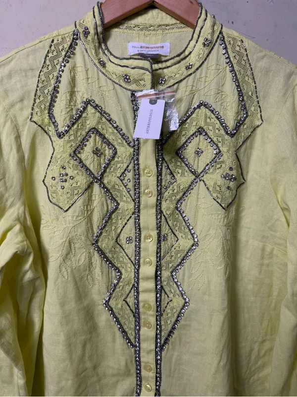 New Pilcro Anthropologie Nayeli Beaded Buttondown Top Chartreuse Size Large - Image 5