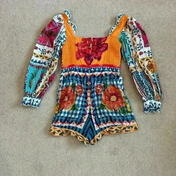 Farm Rio Summer Vibe Romper Ruffled Embroidered Square Neck Patchwork Size M - Image 5