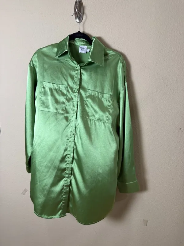 Princess Polly Oversized Satin Button Down Shirt Top Blouse Green Size Small / 2 - Image 3