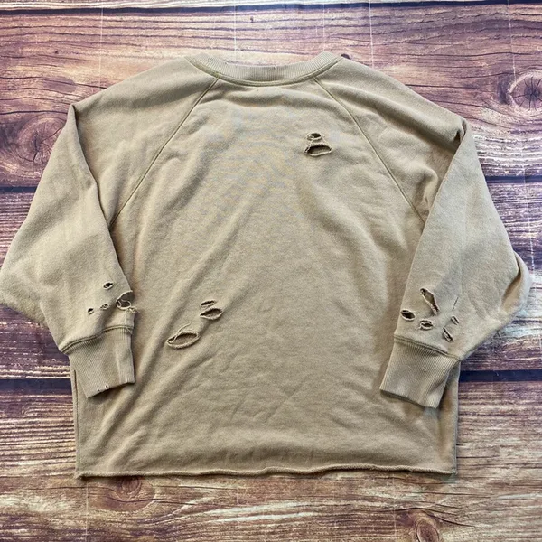 Aerie Oversized Beige Distressed Cropped Crewneck Sweater Large Stretch - Image 3