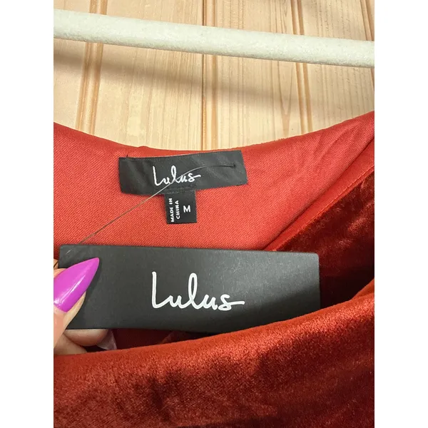 NWT Lulus Coveted Confidence Rust Orange Velvet Asymmetrical Maxi Dress Size M - Image 4