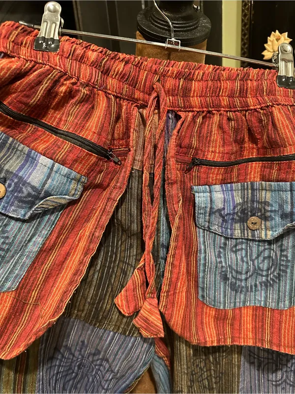 Hippie Patchwork Cotton Pants – Size Small Red - Image 3