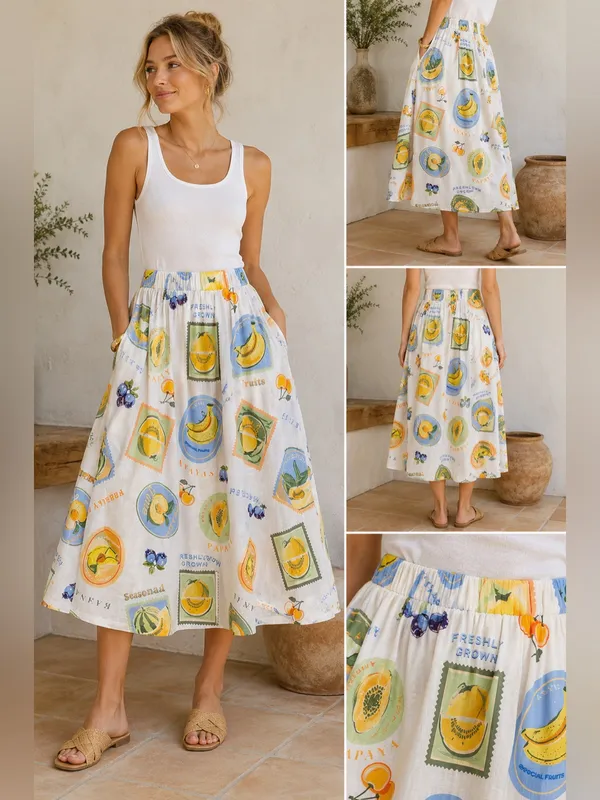 NWT Prosperina Fruit Print Linen Cotton Midi Skirt Medium Cottagecore Summer - Image 2