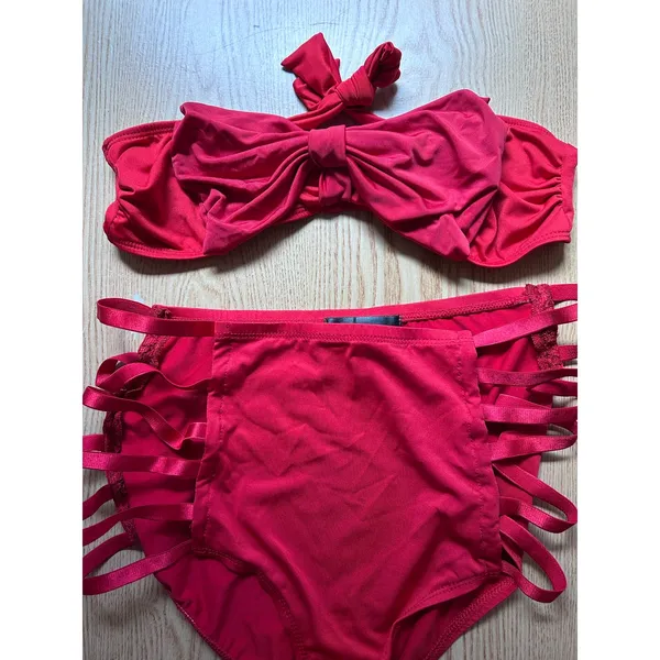B45 New Womens AMI 2Pc Red Bikini Set High Waisted Strappy Large Waist 30-31" - Image 2
