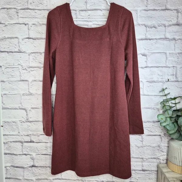 NWT Madewell Ribbed Bodycon Mini Dress Large Burgundy Square Neck Long Sleeve - Image 6