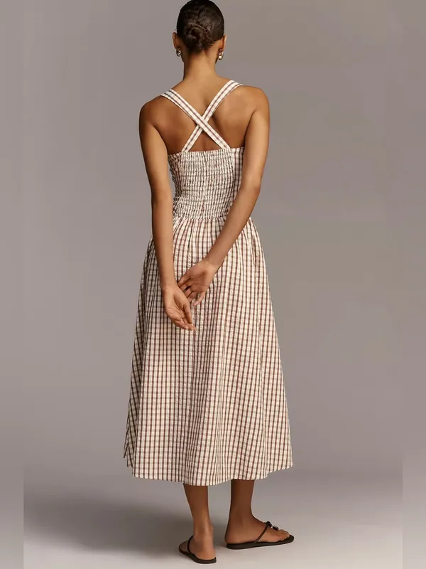 Anthropologie NWT Gingham midi dress Avec Les Filles Ruched Sleeveless Square Neck drop waist - Image 4