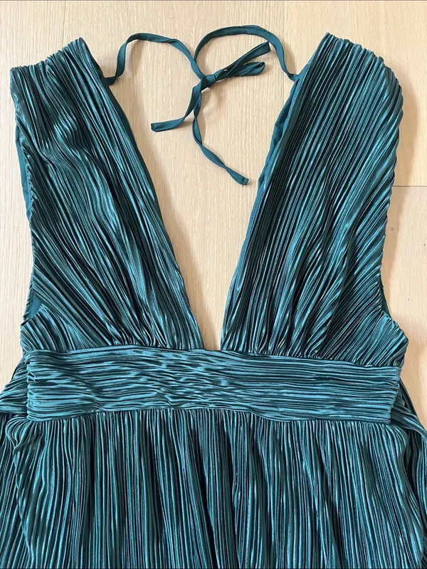 Emerald Green Plunge V-Neck Pleated Satin Mini Dress Women's Medium Large - Image 4