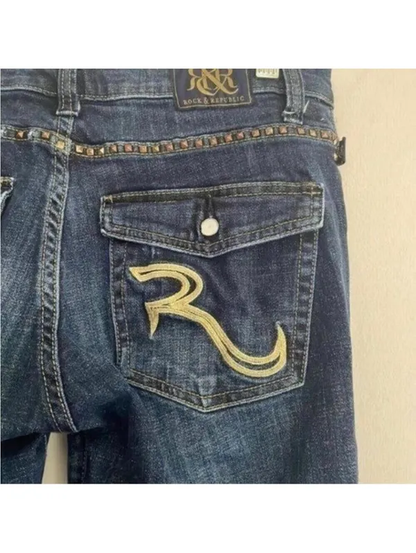 Rock & Republic Dark Wash Straight Leg Denim Jeans Studded Embroidered - Image 9