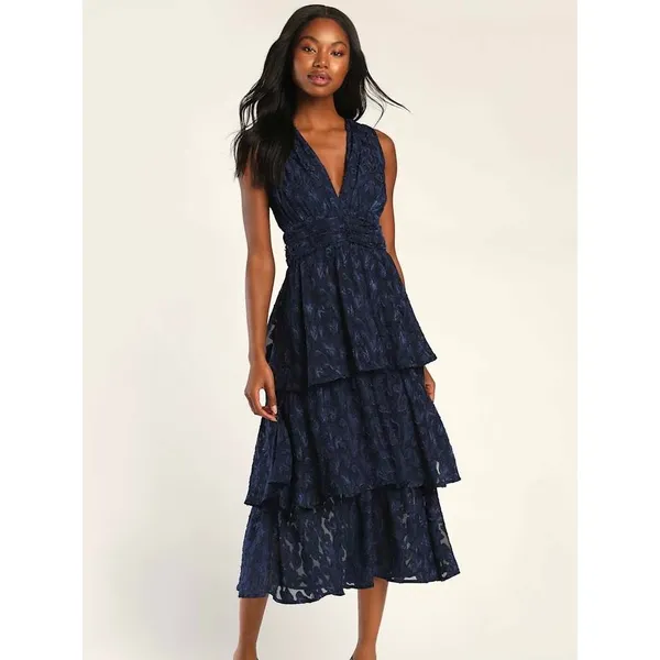 Lulus Navy Blue Make It Mesmerizing Jacquard Tiered Midi Dress Sz.L NWT - Image 2