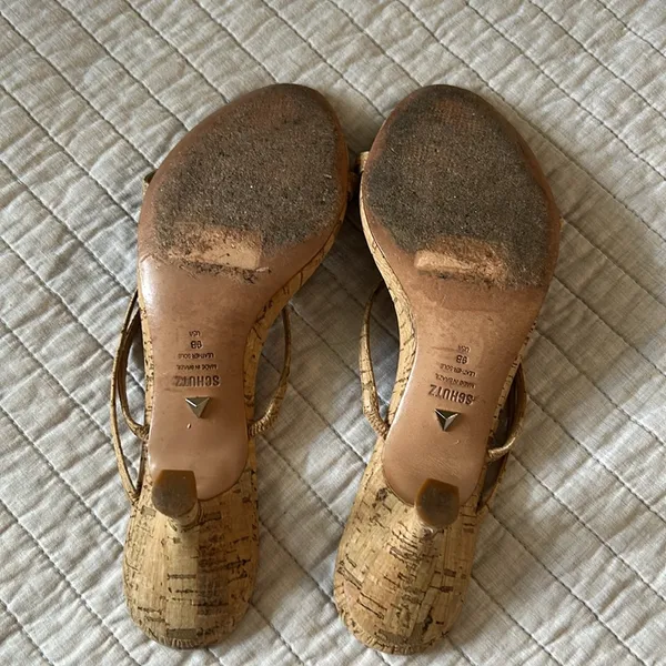 Schutz anthro Evenise strapy 90’s Y2K Kitten Heel Sandals Natural cork size 9 - Image 10