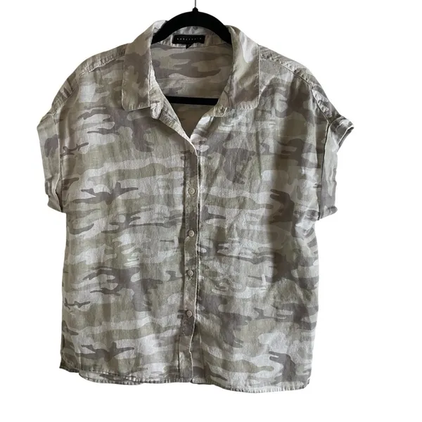 Sanctuary Camo Linen Blend Button Down Short Sleeve Shirt Large - Image 9