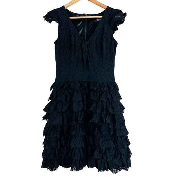 Guess Lace Tiered Ruffle Mini Dress Witchy Black V-Neck Whimsigoth Witchy Size S - Image 2