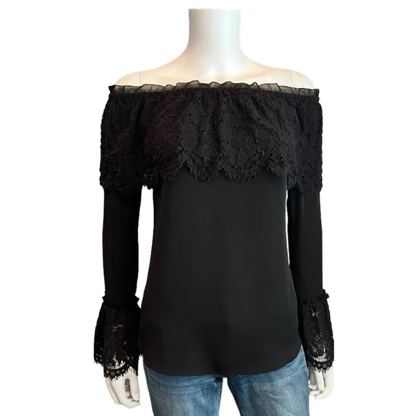 White House Black Market Black Lace Off Shoulder Boho Whimsygoth Top Small - Image 2