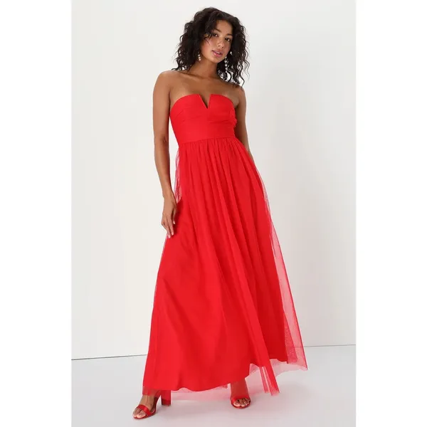 NWT Lulus Queen Behavior Maxi Dress Size Medium Red Tulle Strapless Gown Vday - Image 3