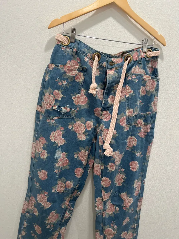 Floral Print Women's Jeans with Pink Rope Tie by BiBI Size L - Image 2