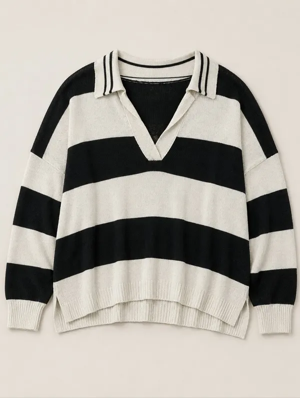 Oversized Striped Polo Sweater Women Large V-Neck Knit Pullover Preppy Normcore - Image 2