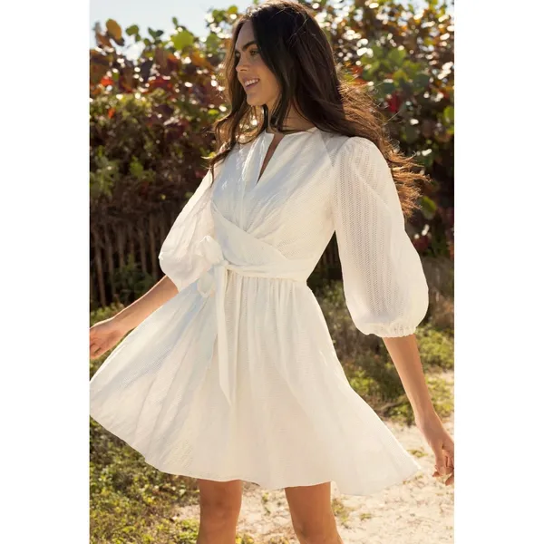 Shoshanna Maia White Jacquard Balloon Sleeve Tie Front Mini Dress 6 Bridal LWD - Image 2