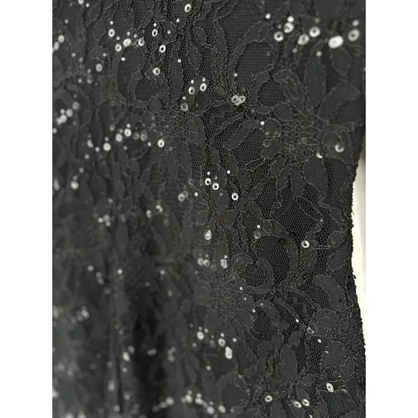 Lauren‎ RALPH LAUREN Lace Sequin Black Dress 14 Ruched Waist Sheer Sleeve Formal - Image 3