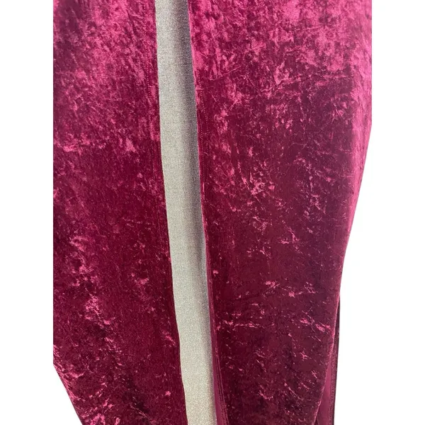 Crushed Velvet Maxi Dress Burgundy Deep VNeck Button Front Gold Sparkle Lining S - Image 4